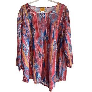 Ruby Rd Women's 4X Red Blue Geometric Tunic Blouse Sequin Neckline 3/4 Sleeve